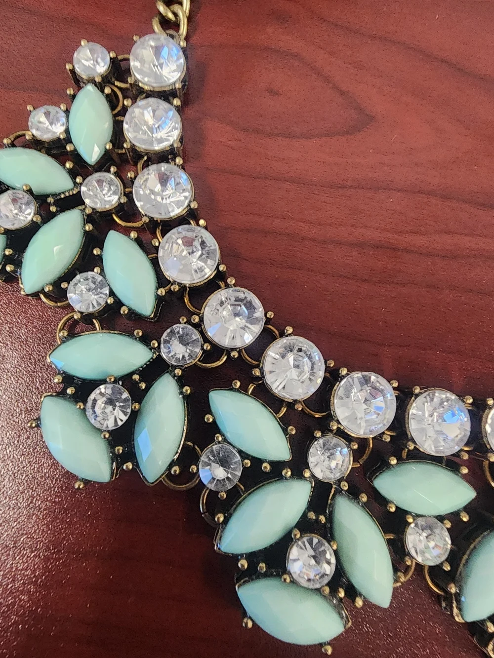 Anthropologie Gold-Tone Bib Necklace with Mint Green and Clear Stones